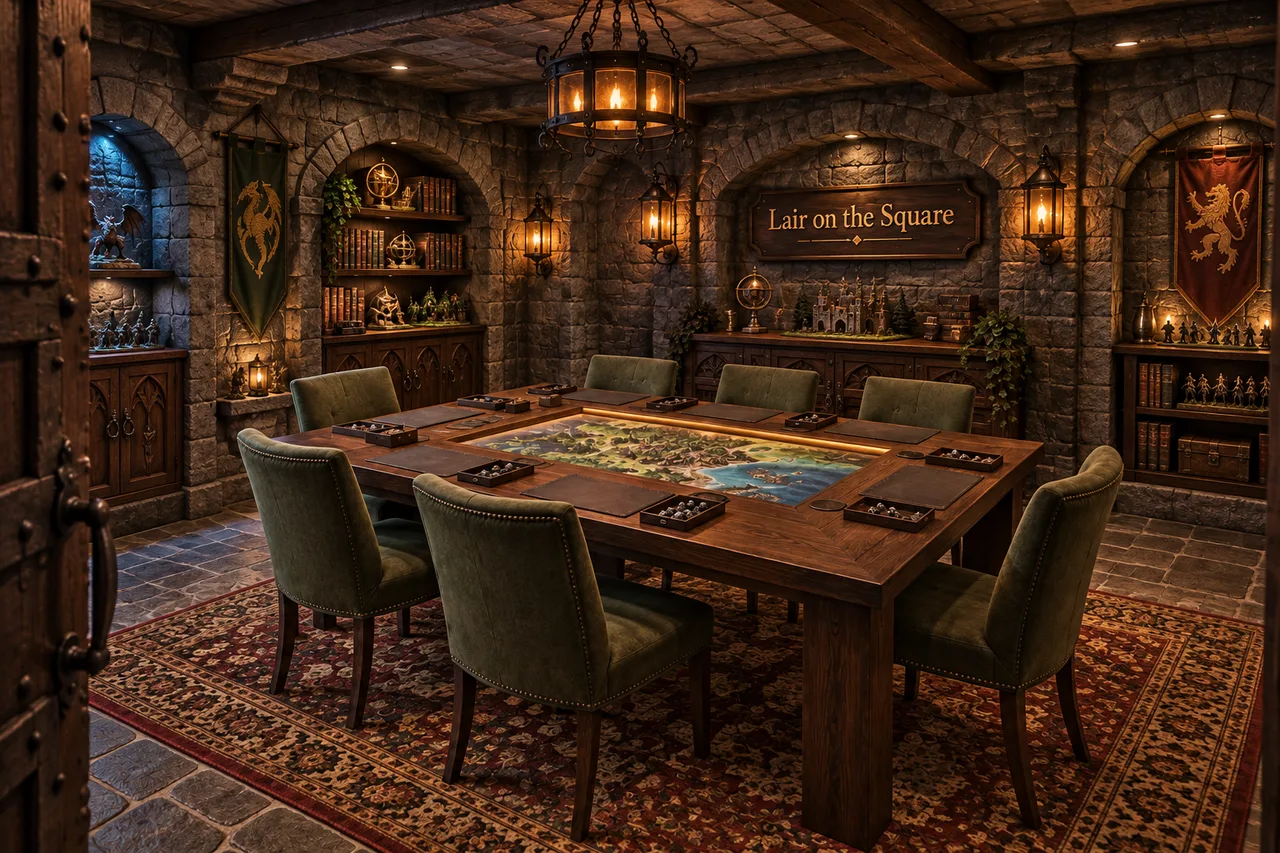 Stone-themed basement concept for Lair on the Square with a central gaming table, arched alcoves, and lantern lighting